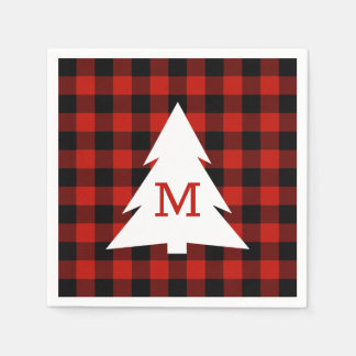 Red Black Buffalo Plaid Monogram Holiday Party Napkins