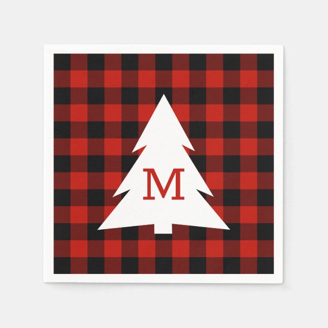 Red Black Buffalo Plaid Monogram Holiday Party Napkins (Front)