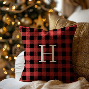 Red Black Buffalo Plaid Monogram Holiday Throw Pillow