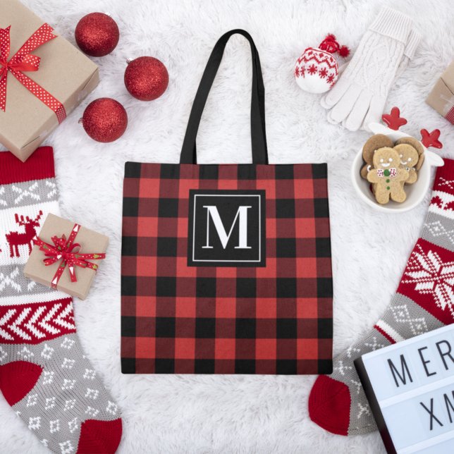 Red Black Buffalo Plaid Monogram Initial Tote Bag (Creator Uploaded)