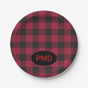 Red Black Buffalo Plaid Monogram Initials Paper Plates