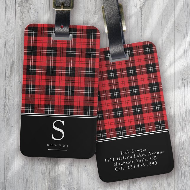 Red Black Buffalo Plaid Monogram Luggage Tag (Creator Uploaded)