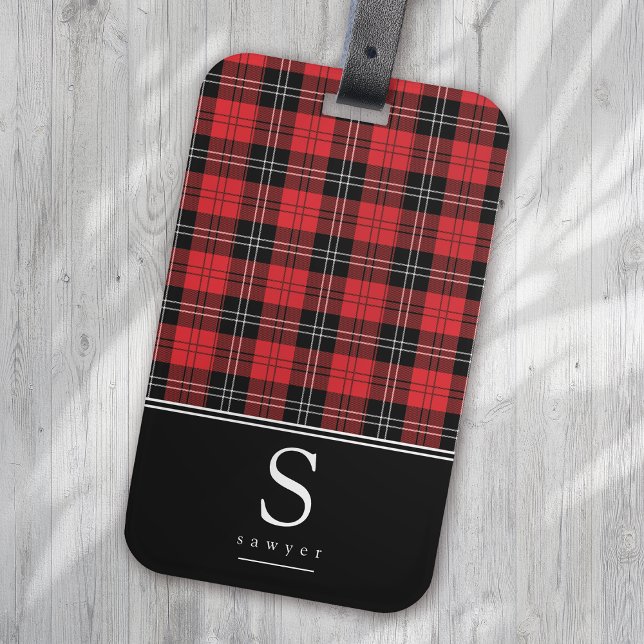 Red Black Buffalo Plaid Monogram Luggage Tag (Creator Uploaded)