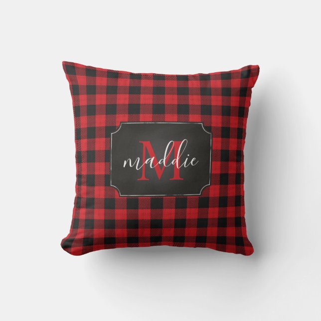 Red & Black Buffalo Plaid Monogram Name Throw Pillow (Front)