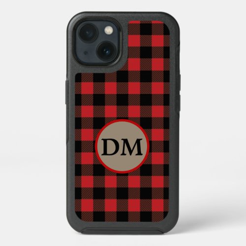 Red Black Buffalo Plaid Monogram iPhone 13 Case