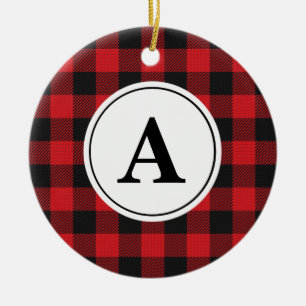 Red Black Buffalo Plaid Monogrammed Ceramic Ornament