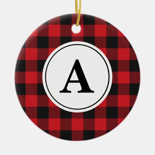 Red Black Buffalo Plaid Monogrammed Ceramic Ornament