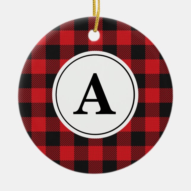 Red Black Buffalo Plaid Monogrammed Ceramic Ornament (Front)