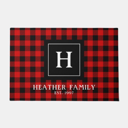 Red Black Buffalo Plaid Monogrammed Family Name Doormat