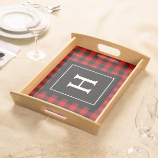 Red Black Buffalo Plaid Monogrammed Serving Tray