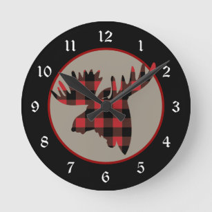 Red Black Buffalo Plaid Moose Head Round Clock