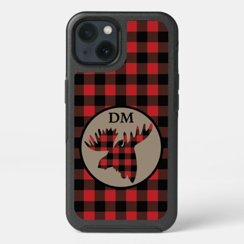 Red Black Buffalo Plaid Moose Monogram iPhone 13 Case