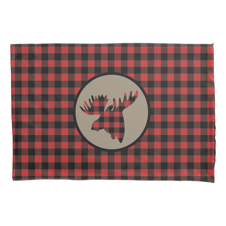 Red Black Buffalo Plaid Moose Pillow Case | Zazzle