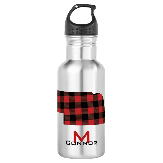 Red Black Buffalo Plaid Nebraska Monogram Stainless Steel Water Bottle (Front)