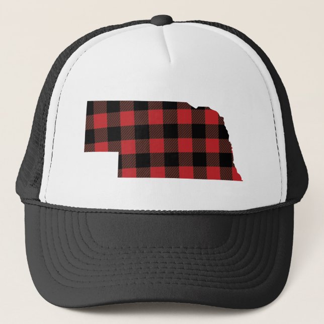 Red Black Buffalo Plaid Nebraska Trucker Hat (Front)