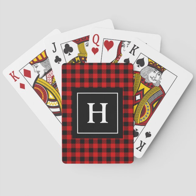 Red Black Buffalo Plaid Pattern Monogrammed Poker Cards (Back)