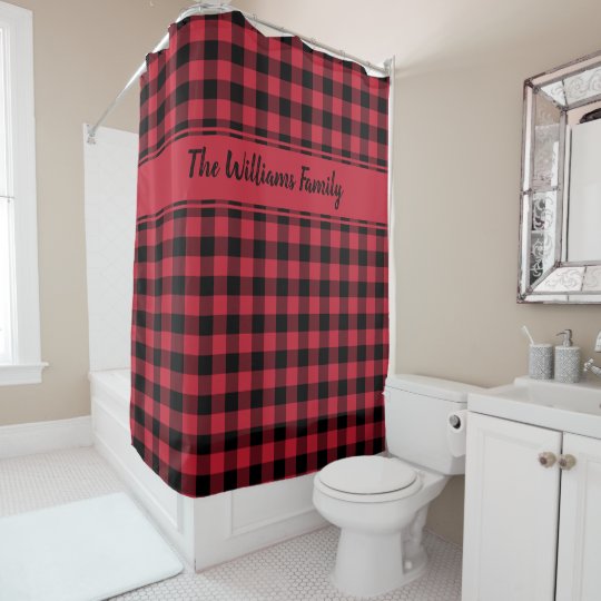 Red Black Buffalo Plaid Pattern With Custom Name Shower Curtain