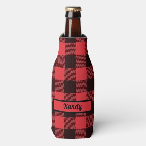 Red Black Buffalo Plaid Personalized Bottle Cooler