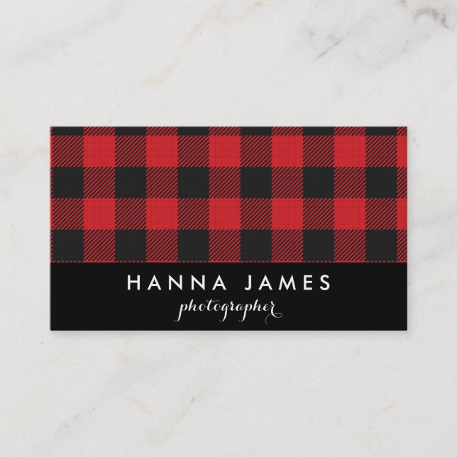 Red Black Buffalo Plaid Personalized Business Card (Front)