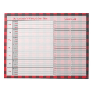 Red Black Buffalo Plaid Personalized Menu Plan Notepad