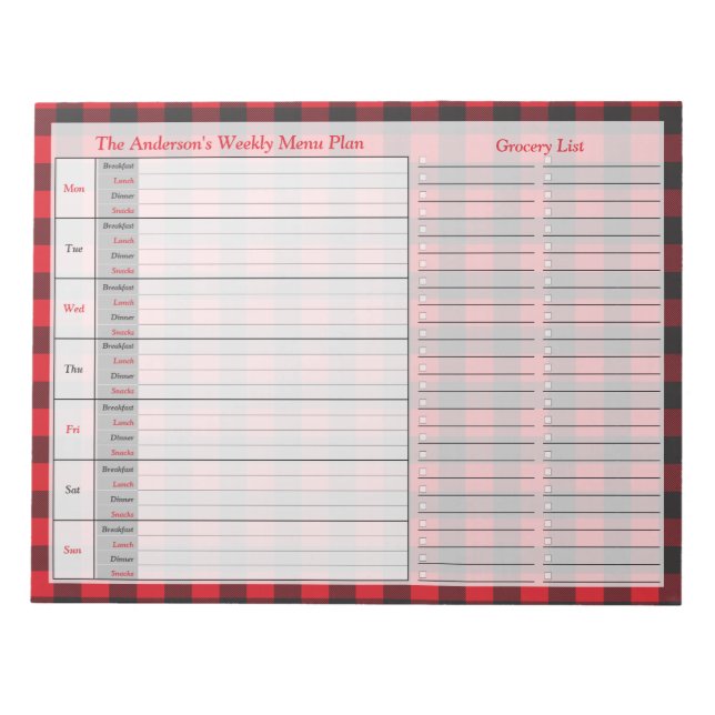 Red Black Buffalo Plaid Personalized Menu Plan Notepad (Front)