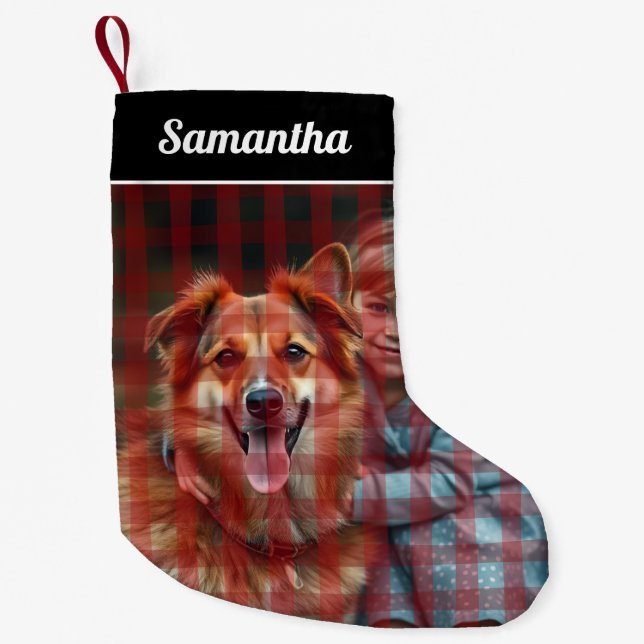 Red Black Buffalo Plaid Personalized photo Small Christmas Stocking (Front)