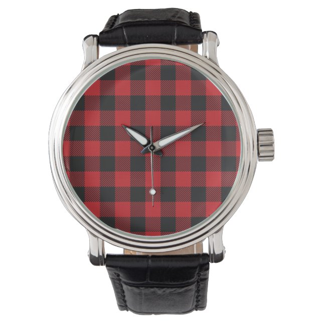 Red Black Buffalo Plaid Personalized Watch (Front)