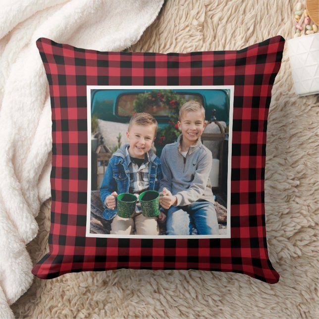Red Black Buffalo Plaid Photo Christmas Throw Pillow (Blanket)