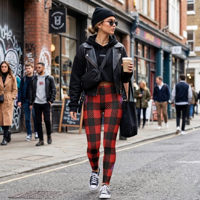 Red Black Buffalo Plaid Pine Forest Leggings (Creator Uploaded)