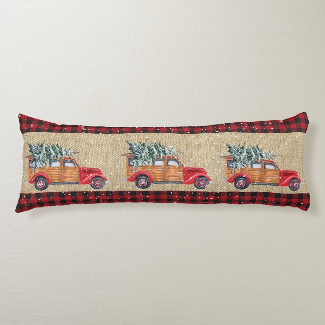 Red Black Buffalo Plaid, Red Truck and Xmas Tree   Body Pillow (Front)