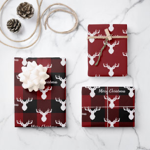 Red Black Buffalo Plaid Reindeer Christmas Holiday Wrapping Paper Sheets