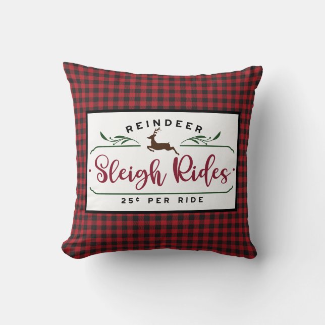 Red Black Buffalo Plaid - Reindeer Sleigh Rides Throw Pillow (Front)