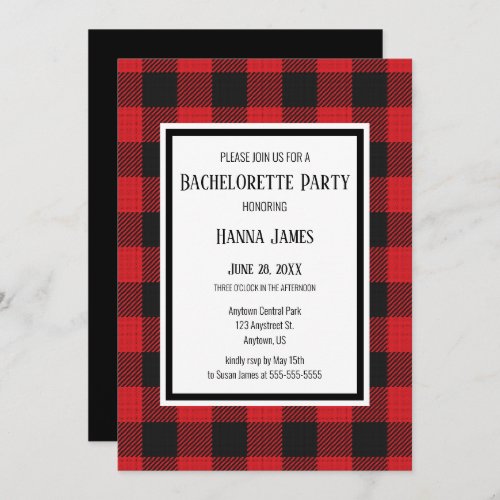 Red Black Buffalo Plaid Rustic Bachelorette Party Invitation