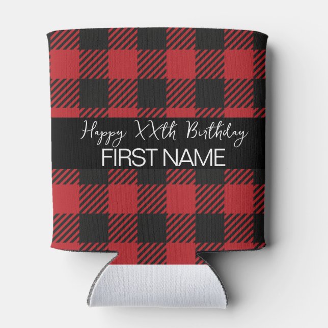 Red & Black Buffalo Plaid Rustic Birthday Party  Can Cooler (Back)