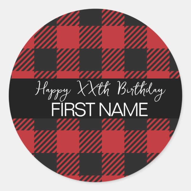 Red & Black Buffalo Plaid Rustic Birthday Party  Classic Round Sticker (Front)