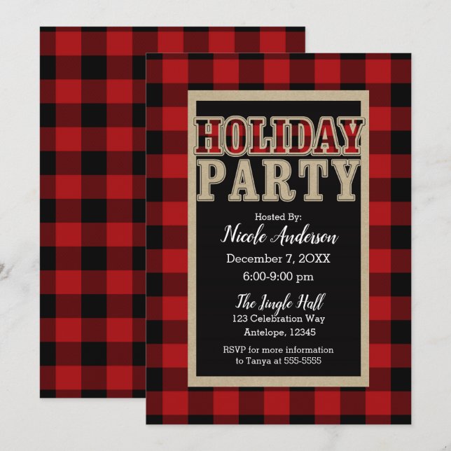 Red Black Buffalo Plaid Rustic Holiday Party Invitation (Front/Back)