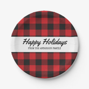 Red Black Buffalo Plaid Rustic Mountain Christmas Paper Plates