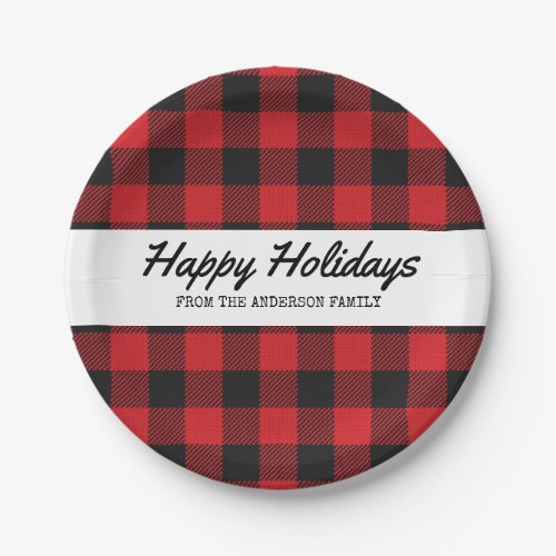 Red Black Buffalo Plaid Rustic Mountain Christmas Paper Plates