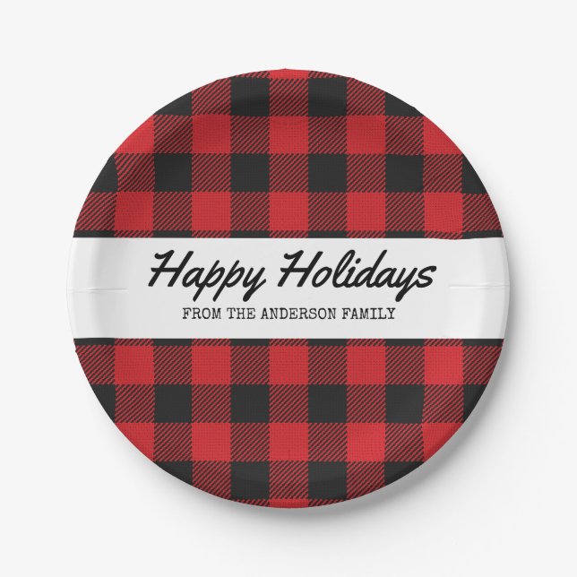Red Black Buffalo Plaid Rustic Mountain Christmas Paper Plates (Front)