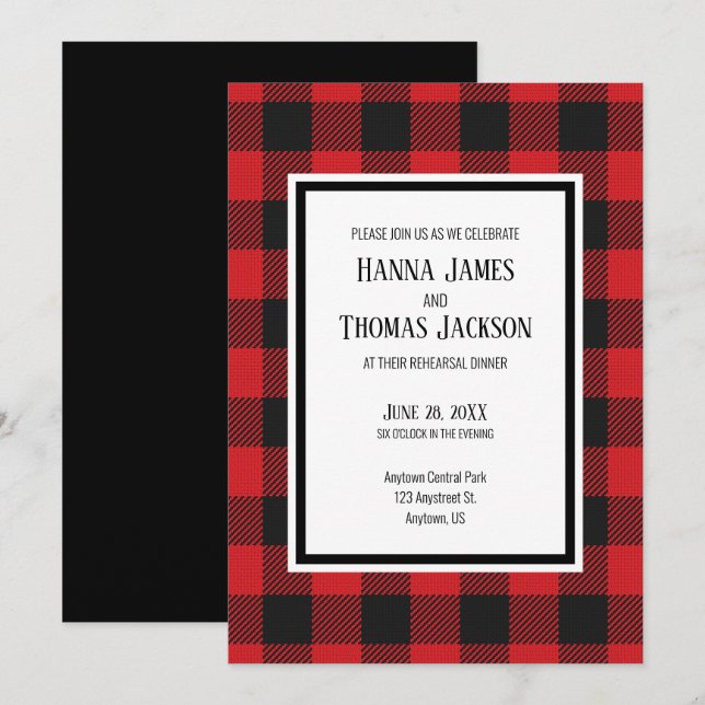 Red Black Buffalo Plaid Rustic Rehearsal Dinner Invitation (Front/Back)