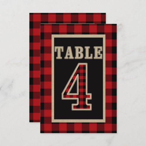 Red  Black Buffalo Plaid Rustic Table Number 4