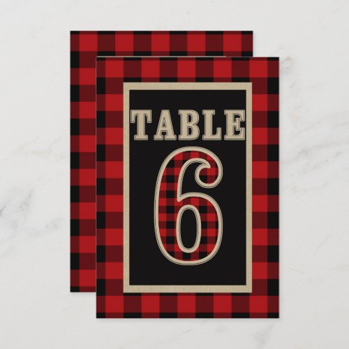 Red  Black Buffalo Plaid Rustic Table Number 6