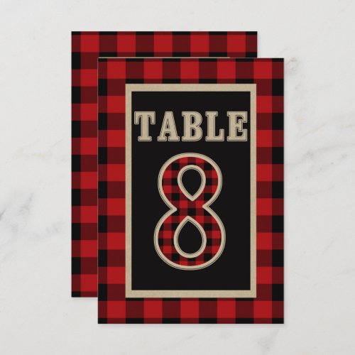 Red  Black Buffalo Plaid Rustic Table Number 8