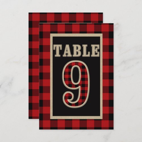 Red  Black Buffalo Plaid Rustic Table Number 9