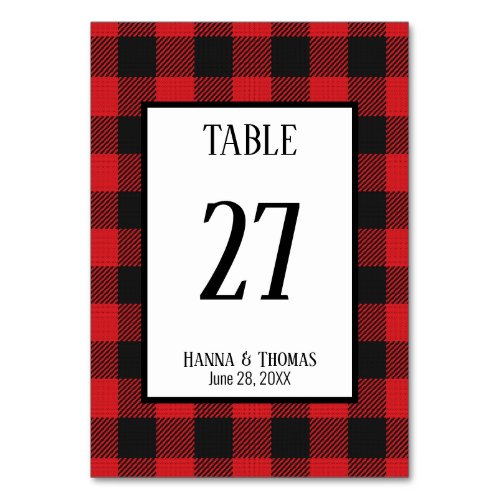 Red Black Buffalo Plaid Rustic Wedding  Table Number