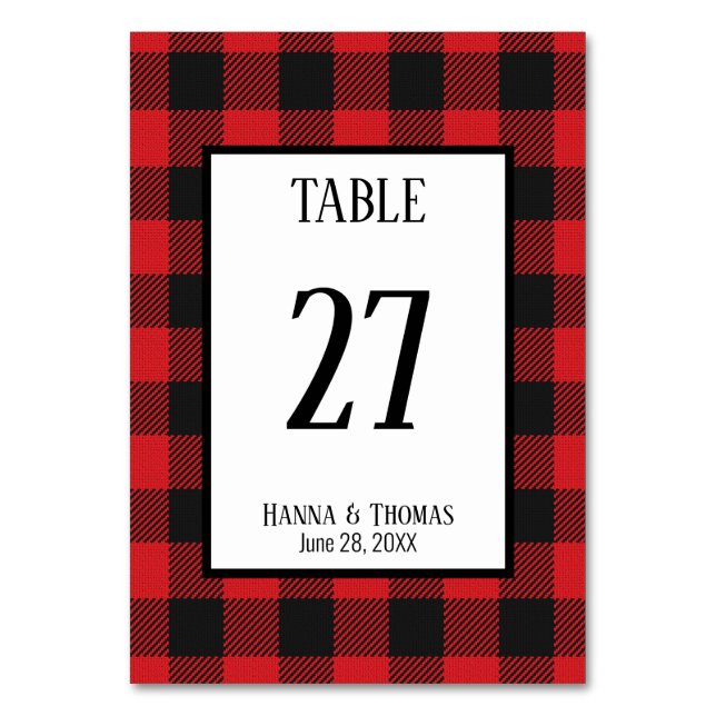 Red Black Buffalo Plaid Rustic Wedding  Table Number (Front)