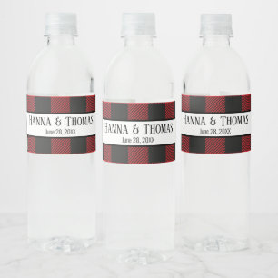 Red Black Buffalo Plaid Rustic Wedding Water Bottle Label
