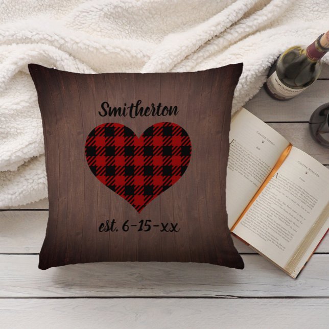 Red Black Buffalo Plaid Rustic Wood Heart Family Throw Pillow (Red and black buffalo plaid on brown monogram and date pillow. Personalized with wedding date.)