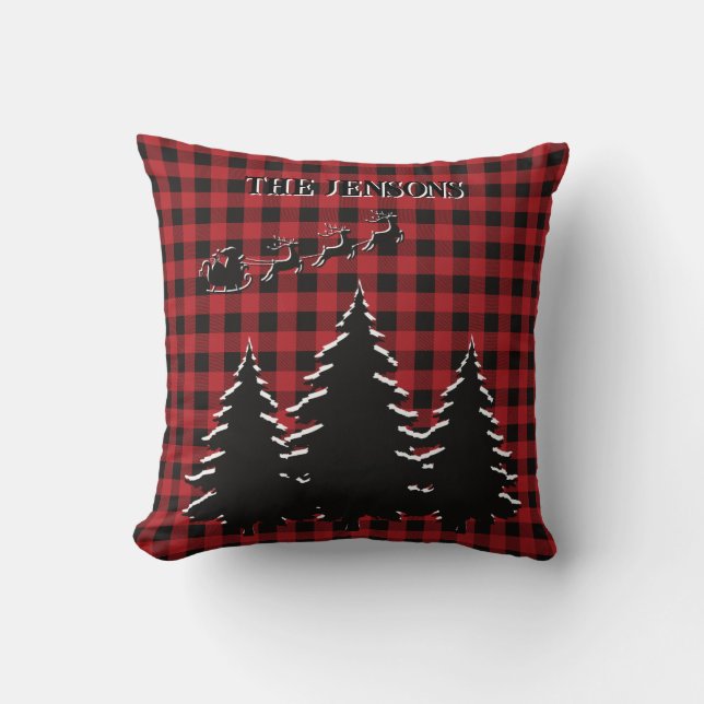 Red - Black Buffalo Plaid Santa Silhouette Forest  Throw Pillow (Front)