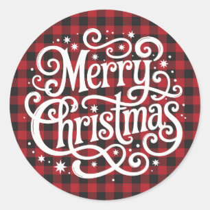 Red & Black Buffalo Plaid Script Merry Christmas Classic Round Sticker